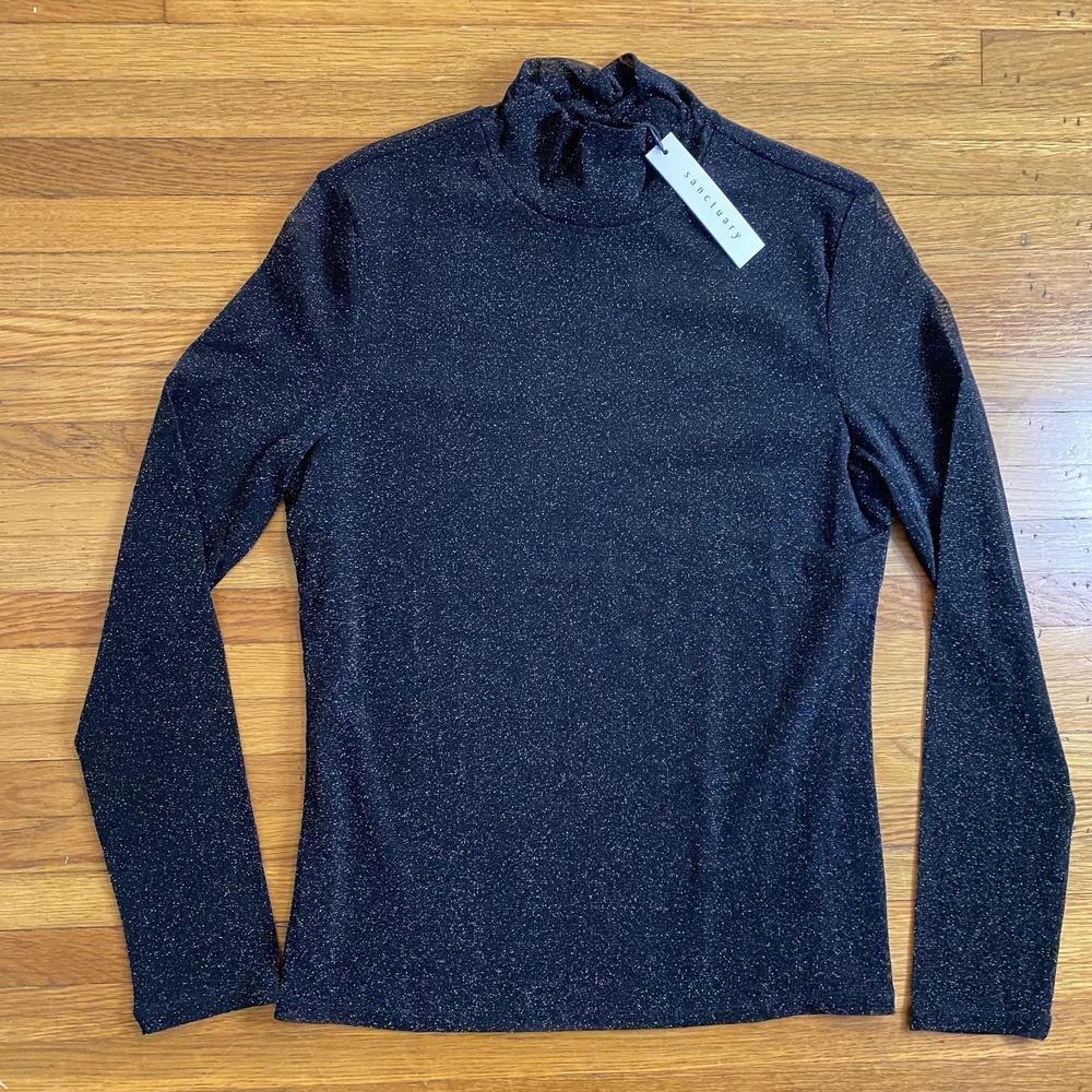 Sanctuary Shirt Womens Large Black Metallic Mock Neck Long Sleeve Sparkle